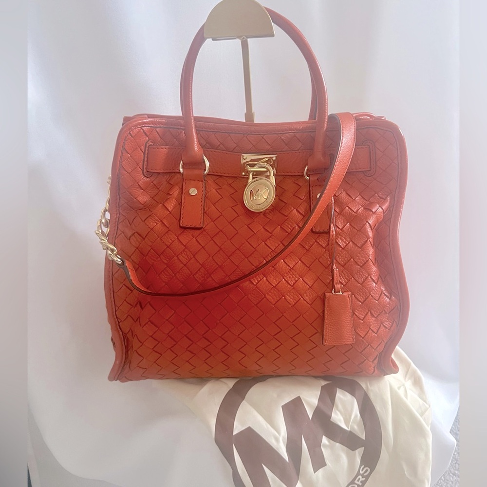 Vintage Michael Kors Orange Woven Leather Satchel with Gold Hardware